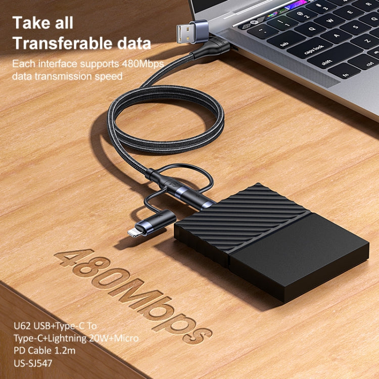 USAMS US-SJ547 U62 Câble de données de charge rapide PD en alliage d'aluminium USB + Type-C / USB-C vers Type-C / USB-C + 8 broches + Micro, Longueur : 1,2 m