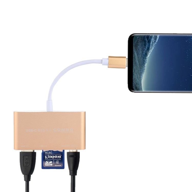 Lecteur de carte adaptateur combo 5 en 1 Micro SD + SD + USB 3.0 + USB 2.0 + Micro USB vers USB-C / Type-C OTG pour tablette, smartphone, PC, 5 en 1 (Argent), 5 en 1 (Or)