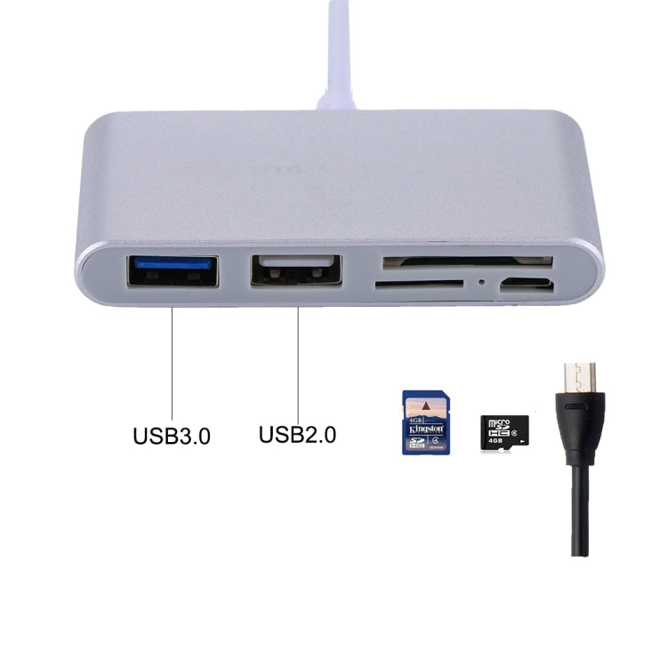 Lecteur de carte adaptateur combo 5 en 1 Micro SD + SD + USB 3.0 + USB 2.0 + Micro USB vers USB-C / Type-C OTG pour tablette, smartphone, PC, 5 en 1 (Argent), 5 en 1 (Or)