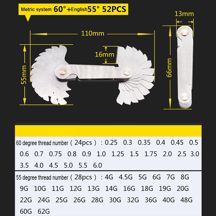 52 PCS Jauge de filetage métrique 60 degrés + britannique 55 degrés en acier inoxydable CR, 52 PCS jauge de filetage