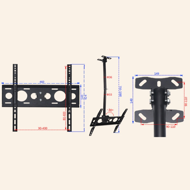 Support mural/plafond universel simple écran pour téléviseur de 32 à 65 pouces, réglable en hauteur et en angle, plage de rétraction : 0,5 à 2 m, 32-65 pouces