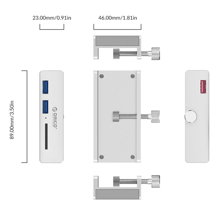 ORICO MH2AC-U3 Hub USB3.0 à 2 ports type pince avec lecteur de carte SD