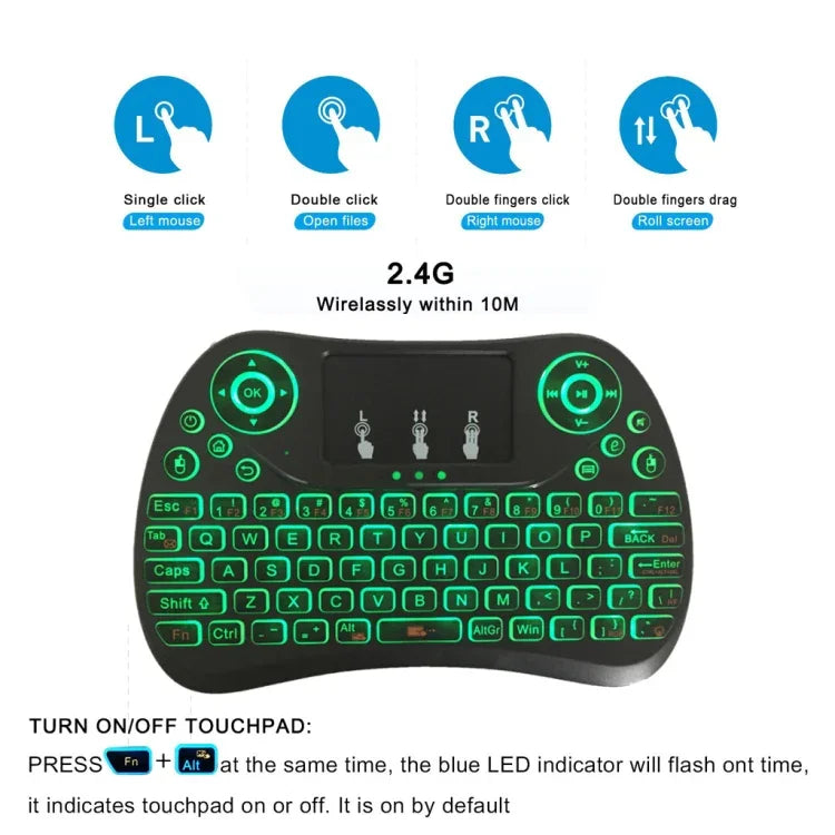 Mini clavier sans fil I8 Max 2,4 GHz avec pavé tactile, souris gyroscopique rechargeable, jeu intelligent, rétroéclairage 7 couleurs