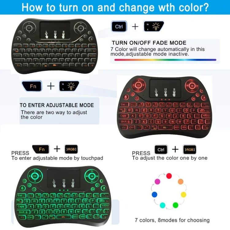 Mini clavier sans fil I8 Max 2,4 GHz avec pavé tactile, souris gyroscopique rechargeable, jeu intelligent, rétroéclairage 7 couleurs