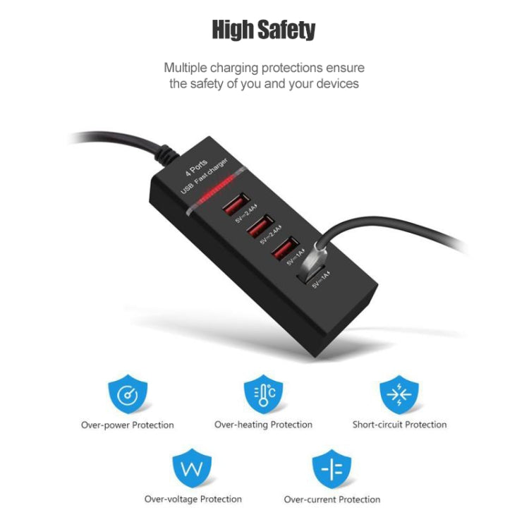 Adaptateur de chargeur 5V 4.1A à 4 ports USB avec câble d'alimentation, longueur du câble : 1,5 m, prise UE, prise UE