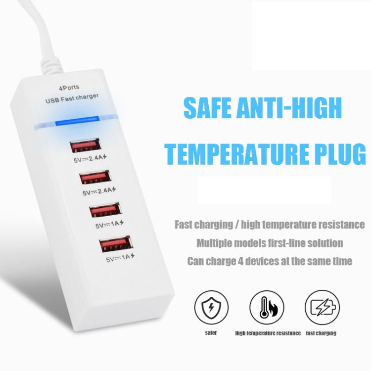 Adaptateur de chargeur 5V 4.1A à 4 ports USB avec câble d'alimentation, longueur du câble : 1,5 m, prise UE, prise UE