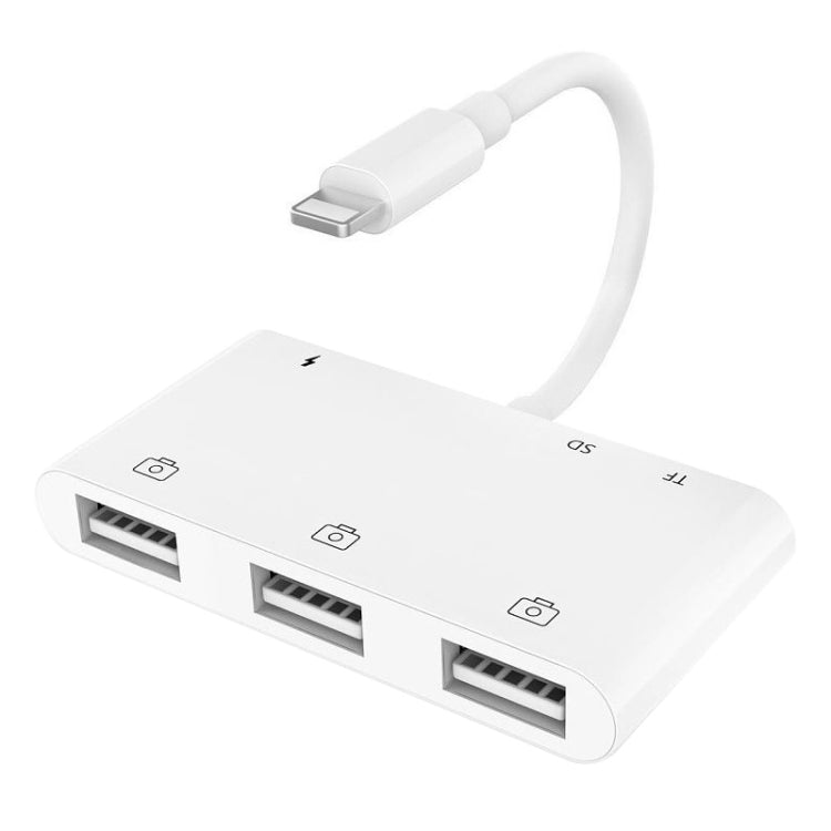 ZS-S1852 Adaptateur de lecteur de carte OTG 6 en 1, 3 ports USB-A vers Lightning (8 broches), avec lecteurs de cartes SD et TF et interface de charge Lightning (8 broches), compatible avec tous les systèmes iOS