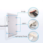 ZS-S1852 Adaptateur de lecteur de carte OTG 6 en 1, 3 ports USB-A vers Lightning (8 broches), avec lecteurs de cartes SD et TF et interface de charge Lightning (8 broches), compatible avec tous les systèmes iOS
