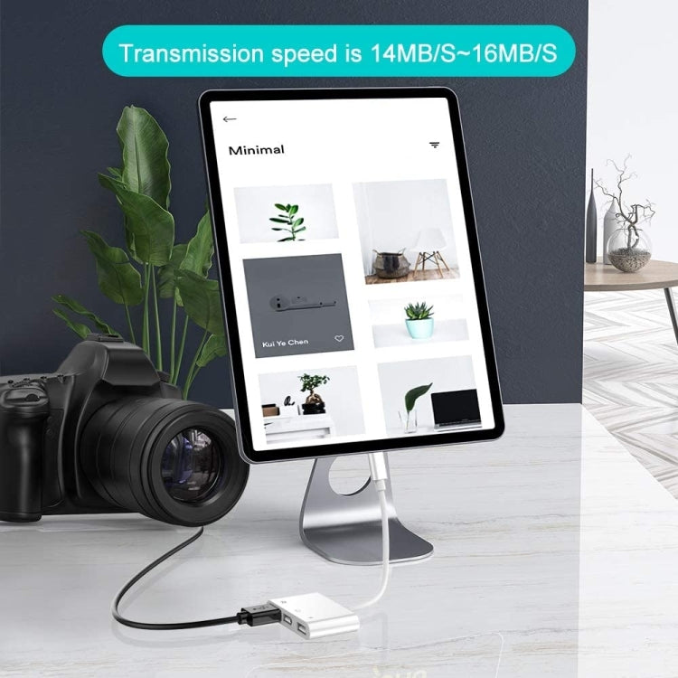 ZS-S1852 Adaptateur de lecteur de carte OTG 6 en 1, 3 ports USB-A vers Lightning (8 broches), avec lecteurs de cartes SD et TF et interface de charge Lightning (8 broches), compatible avec tous les systèmes iOS