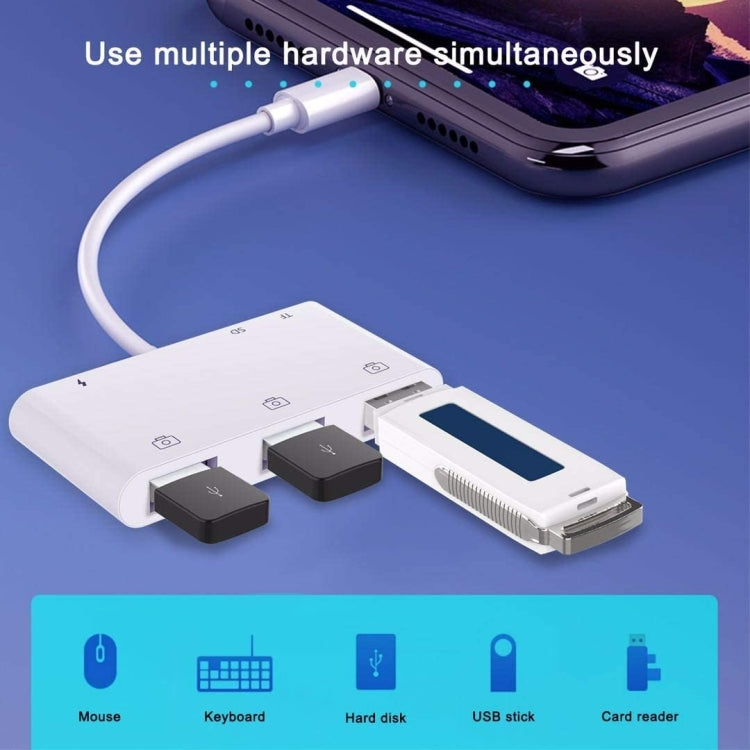 ZS-S1852 Adaptateur de lecteur de carte OTG 6 en 1, 3 ports USB-A vers Lightning (8 broches), avec lecteurs de cartes SD et TF et interface de charge Lightning (8 broches), compatible avec tous les systèmes iOS