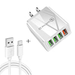 Câble de données 2 en 1 USB vers USB-C / Type-C + chargeur rapide universel 30W QC 3.0 avec 4 interfaces USB pour téléphone portable, tablette, PC, prise US, ensemble USB-C / Type-C prise US