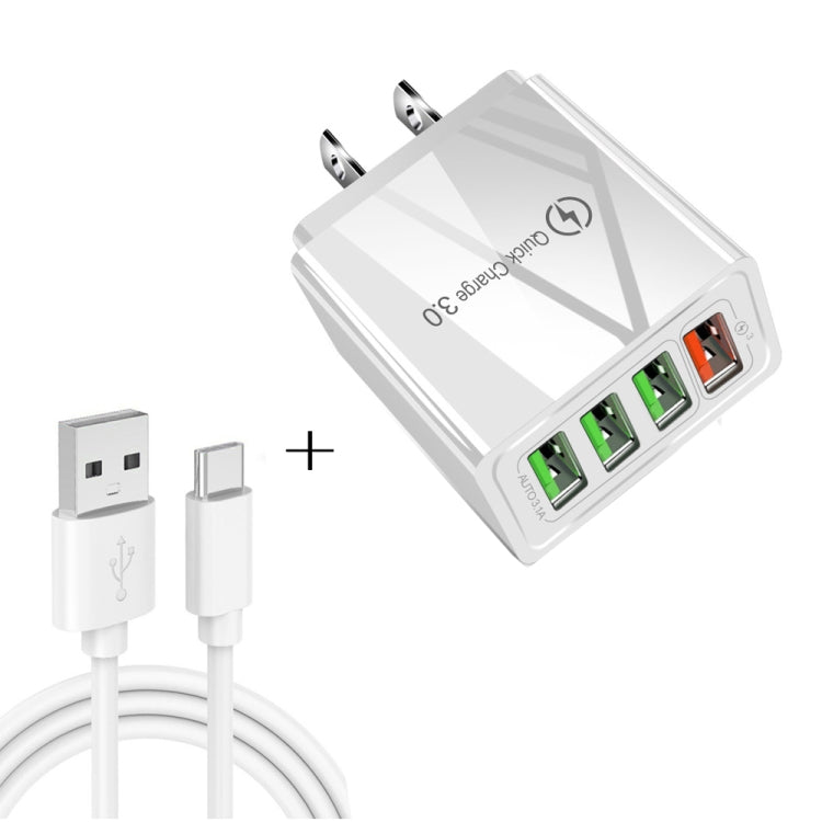 Câble de données 2 en 1 USB vers USB-C / Type-C + chargeur rapide universel 30W QC 3.0 avec 4 interfaces USB pour téléphone portable, tablette, PC, prise US, ensemble USB-C / Type-C prise US