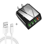 Câble de données 2 en 1 USB vers USB-C / Type-C + chargeur rapide universel 30W QC 3.0 avec 4 interfaces USB pour téléphone portable, tablette, PC, prise US, ensemble USB-C / Type-C prise US