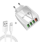 Câble de données 2 en 1 USB vers USB-C / Type-C + chargeur rapide universel 30W QC 3.0 avec 4 interfaces USB pour téléphone portable, tablette, PC, prise EU, ensemble USB-C / Type-C prise EU