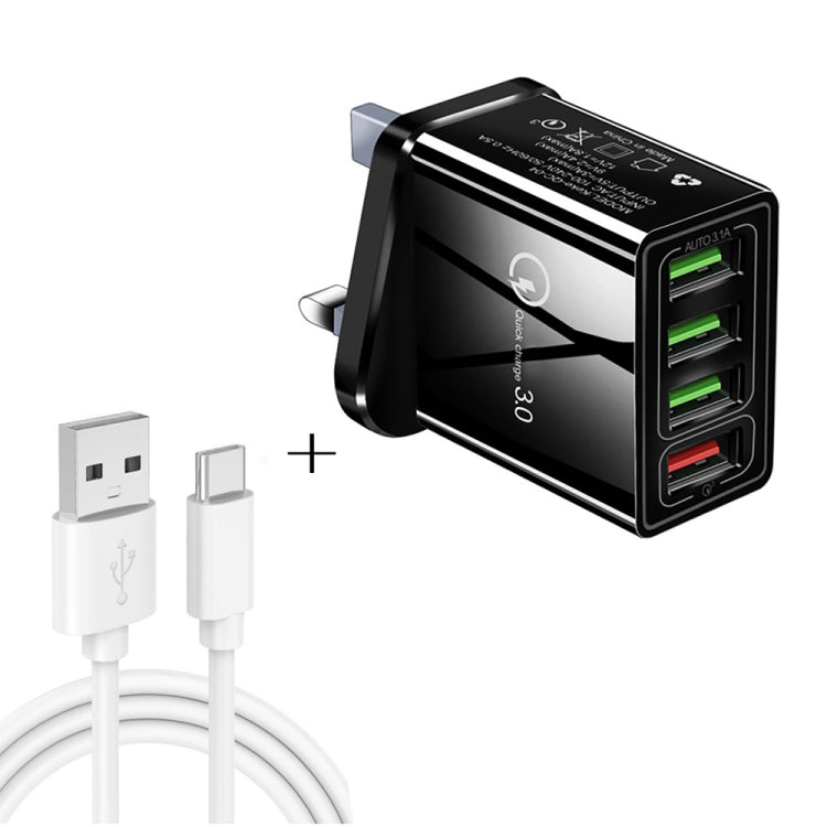 Câble de données 2 en 1 USB vers USB-C / Type-C 1m + chargeur rapide universel 30W QC 3.0 avec 4 interfaces USB pour téléphone portable, tablette, PC, prise UK, ensemble USB-C / Type-C prise UK
