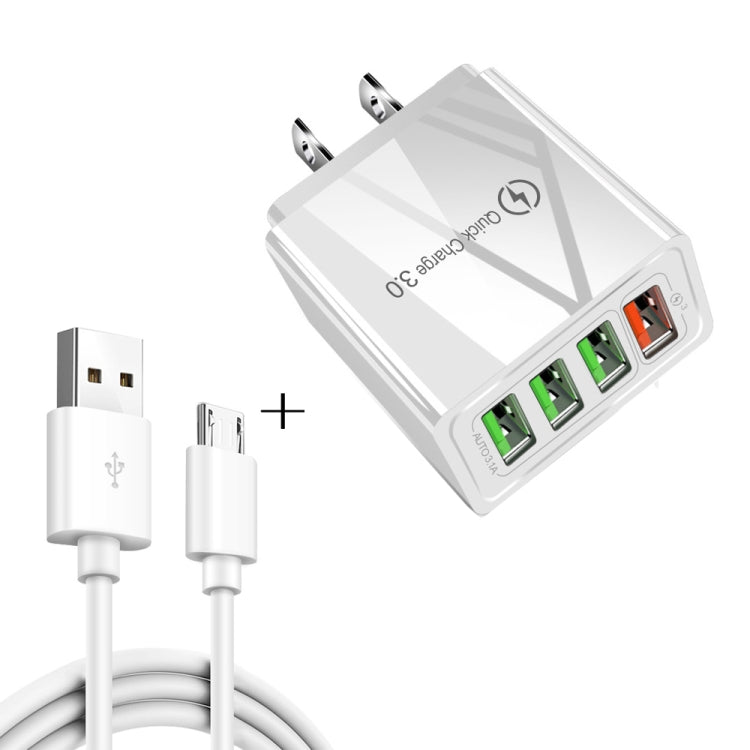 Câble de données USB vers Micro USB 2 en 1 de 1 m + Chargeur rapide universel 30 W QC 3.0 à 4 interfaces USB pour téléphone portable, tablette, PC, ensemble chargeur de voyage, prise US, ensemble Micro USB prise US
