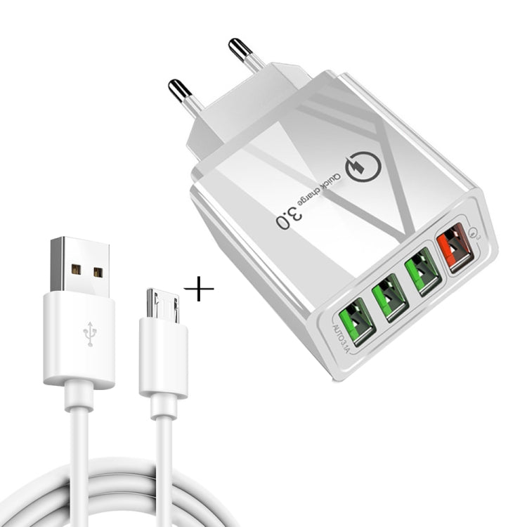 Câble de données USB vers Micro USB 2 en 1 de 1 m + Chargeur rapide universel 30 W QC 3.0 à 4 interfaces USB pour téléphone portable, tablette, PC, prise UE, kit Micro USB prise UE