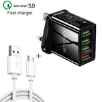 Câble de données 2-en-1 USB vers Micro USB de 1m + Chargeur rapide universel 30W QC 3.0 4 interfaces USB pour téléphone portable et tablette, prise britannique, kit Micro USB avec prise britannique