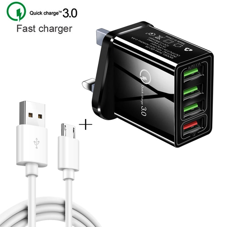 Câble de données 2-en-1 USB vers Micro USB de 1m + Chargeur rapide universel 30W QC 3.0 4 interfaces USB pour téléphone portable et tablette, prise britannique, kit Micro USB avec prise britannique