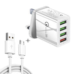 Câble de données 2-en-1 USB vers Micro USB de 1m + Chargeur rapide universel 30W QC 3.0 4 interfaces USB pour téléphone portable et tablette, prise britannique, kit Micro USB avec prise britannique