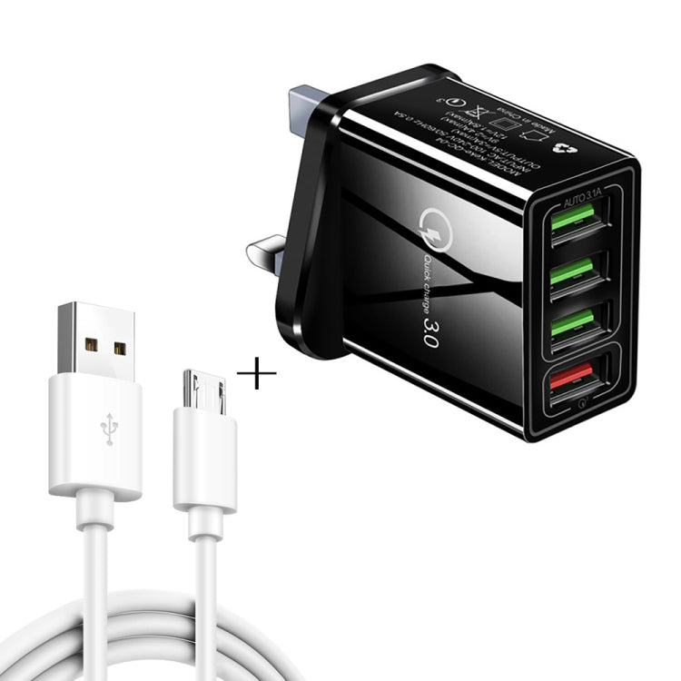 Câble de données 2-en-1 USB vers Micro USB de 1m + Chargeur rapide universel 30W QC 3.0 4 interfaces USB pour téléphone portable et tablette, prise britannique, kit Micro USB avec prise britannique