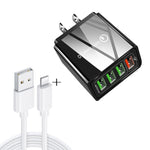 Ensemble chargeur de voyage universel 2 en 1 câble de données USB vers 8 broches 1m + chargeur rapide 30W QC 3.0 4 interfaces USB pour téléphone portable tablette PC, prise US, ensemble 8 broches prise US