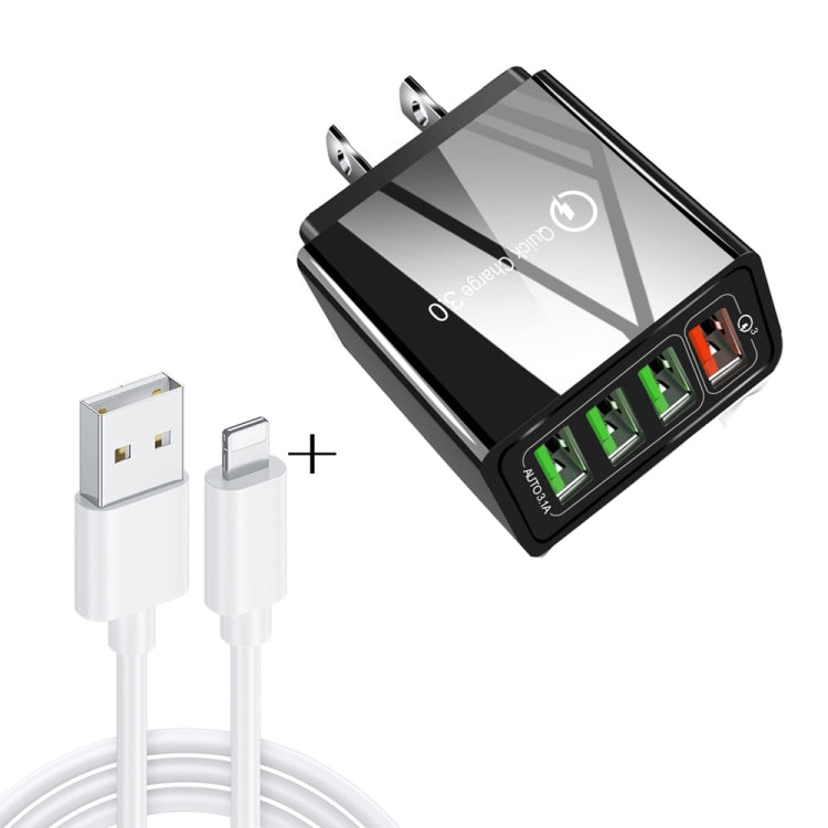 Ensemble chargeur de voyage universel 2 en 1 câble de données USB vers 8 broches 1m + chargeur rapide 30W QC 3.0 4 interfaces USB pour téléphone portable tablette PC, prise US, ensemble 8 broches prise US