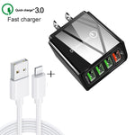 Ensemble chargeur de voyage universel 2 en 1 câble de données USB vers 8 broches 1m + chargeur rapide 30W QC 3.0 4 interfaces USB pour téléphone portable tablette PC, prise US, ensemble 8 broches prise US