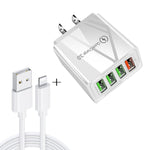 Ensemble chargeur de voyage universel 2 en 1 câble de données USB vers 8 broches 1m + chargeur rapide 30W QC 3.0 4 interfaces USB pour téléphone portable tablette PC, prise US, ensemble 8 broches prise US