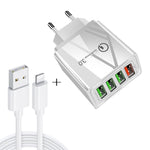 Ensemble chargeur de voyage universel 2 en 1 câble de données USB vers 8 broches 1m + chargeur rapide 30W QC 3.0 4 interfaces USB pour téléphone portable tablette PC, prise EU, ensemble 8 broches prise EU