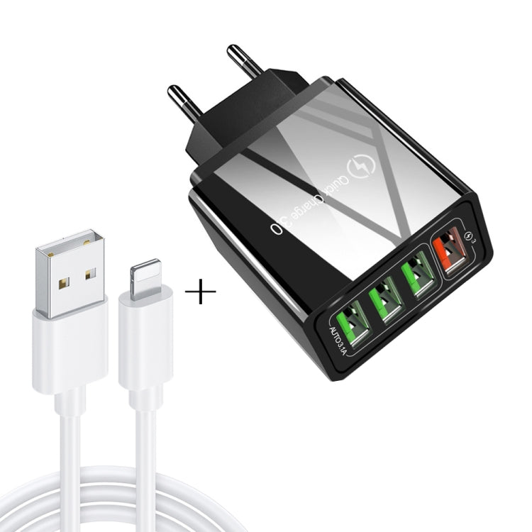Ensemble chargeur de voyage universel 2 en 1 câble de données USB vers 8 broches 1m + chargeur rapide 30W QC 3.0 4 interfaces USB pour téléphone portable tablette PC, prise EU, ensemble 8 broches prise EU