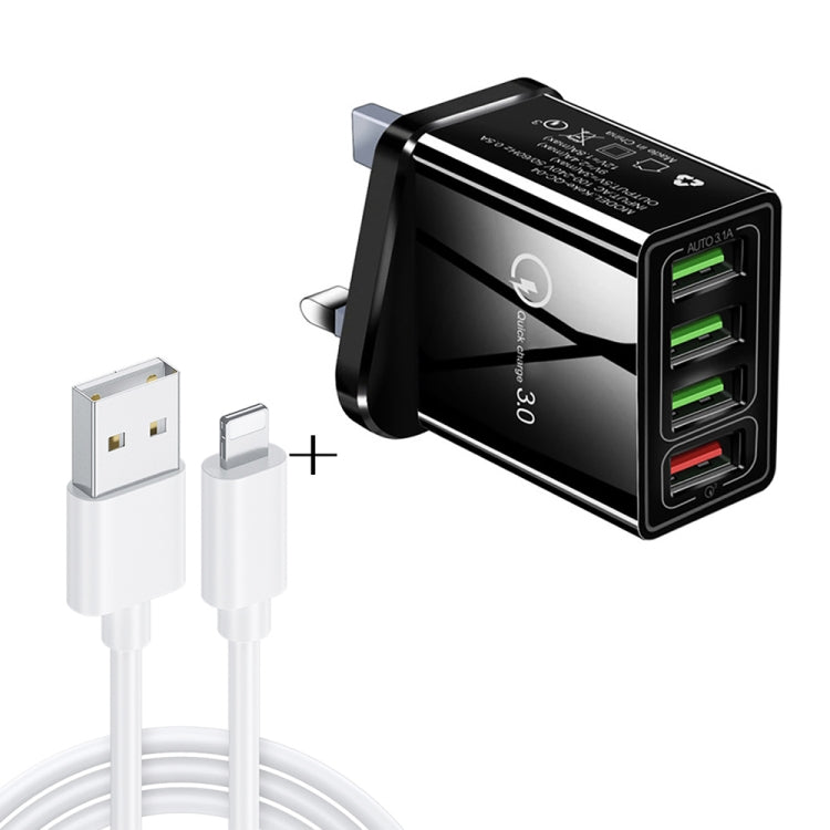 Ensemble chargeur de voyage universel 2 en 1 câble de données USB vers 8 broches 1m + chargeur rapide 30W QC 3.0 4 interfaces USB pour téléphone portable tablette PC, prise UK, ensemble 8 broches prise UK
