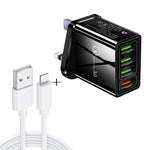 Ensemble chargeur de voyage universel 2 en 1 câble de données USB vers 8 broches 1m + chargeur rapide 30W QC 3.0 4 interfaces USB pour téléphone portable tablette PC, prise UK, ensemble 8 broches prise UK