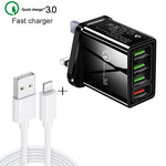 Ensemble chargeur de voyage universel 2 en 1 câble de données USB vers 8 broches 1m + chargeur rapide 30W QC 3.0 4 interfaces USB pour téléphone portable tablette PC, prise UK, ensemble 8 broches prise UK