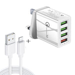 Ensemble chargeur de voyage universel 2 en 1 câble de données USB vers 8 broches 1m + chargeur rapide 30W QC 3.0 4 interfaces USB pour téléphone portable tablette PC, prise UK, ensemble 8 broches prise UK
