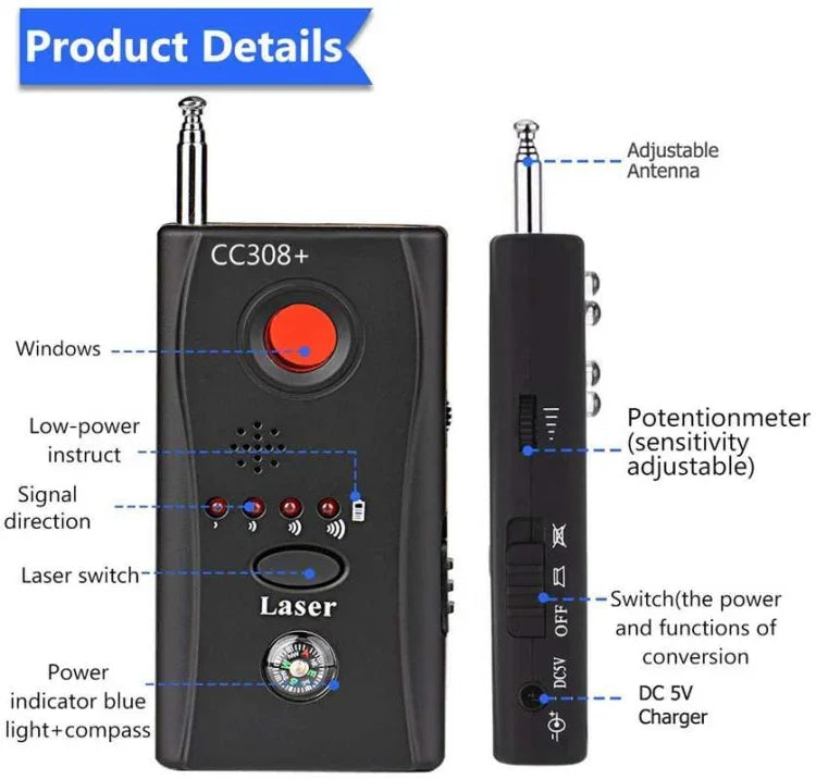 Détecteur laser CC308 à portée étendue, mini caméra sans fil, détecteur de signal GSM, appareil de localisation de signal.