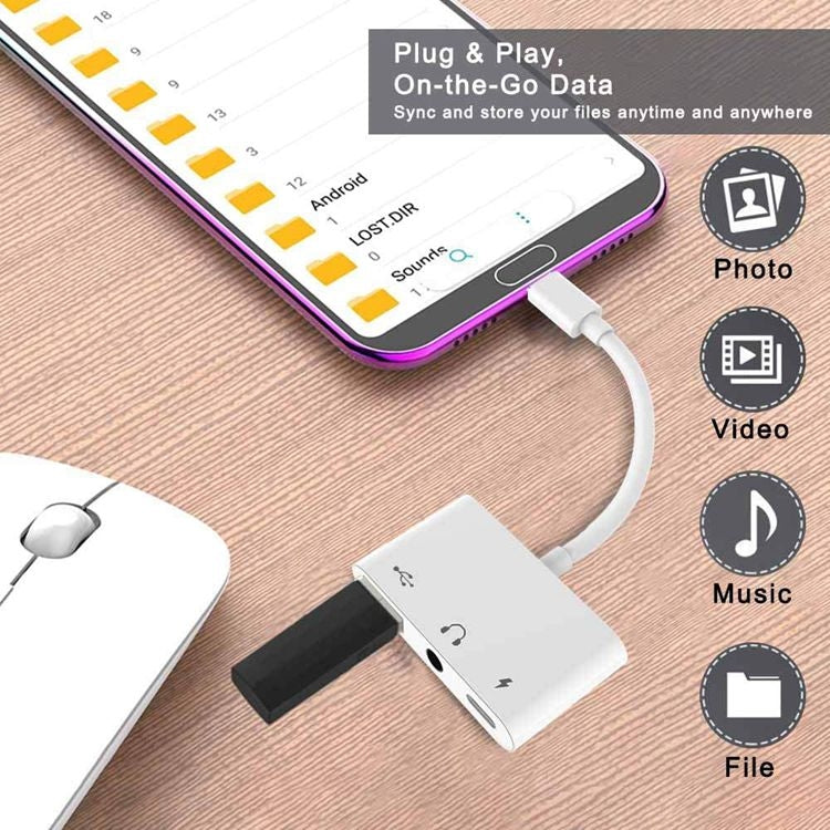 Adaptateur USB-C OTG 3 en 1 avec prise casque 3,5 mm, Compatible iPad Pro et téléphone avec prise Type-C, 3 en 1