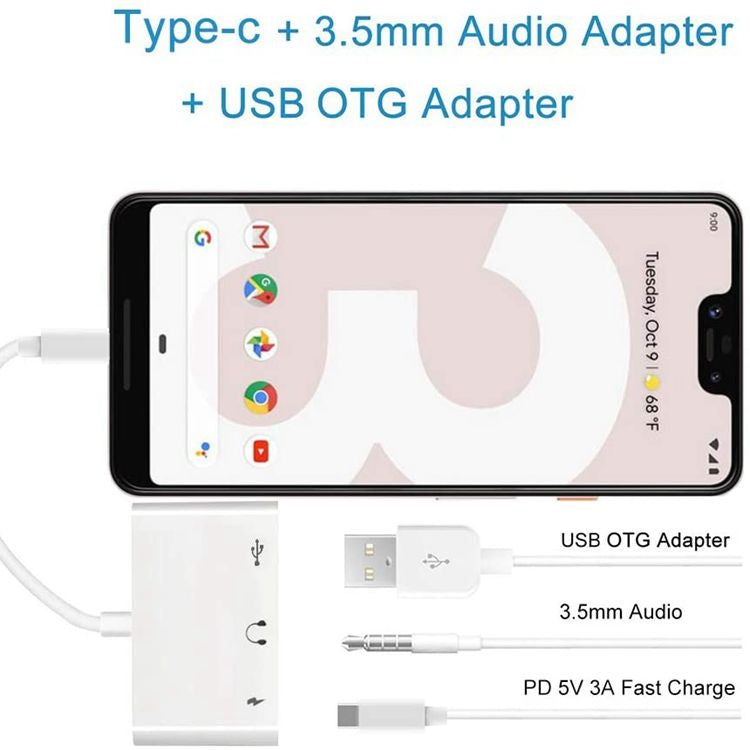 Adaptateur USB-C OTG 3 en 1 avec prise casque 3,5 mm, Compatible iPad Pro et téléphone avec prise Type-C, 3 en 1