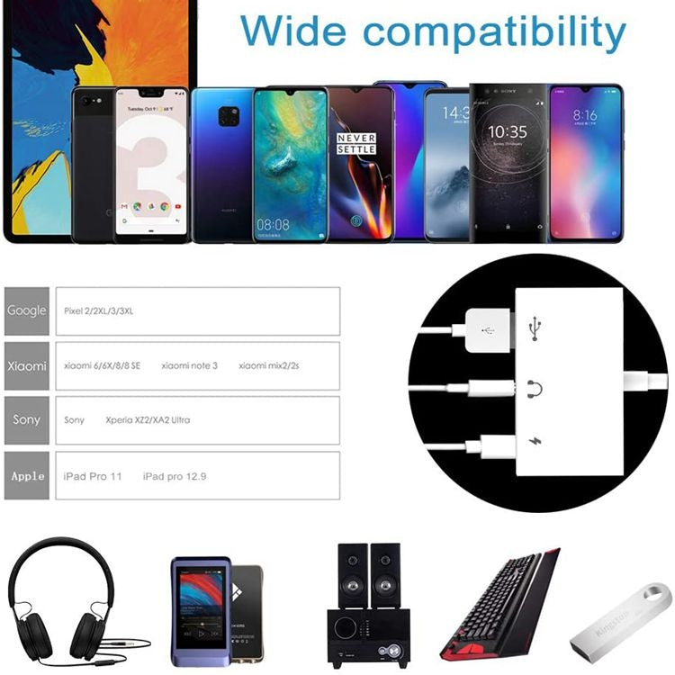 Adaptateur USB-C OTG 3 en 1 avec prise casque 3,5 mm, Compatible iPad Pro et téléphone avec prise Type-C, 3 en 1