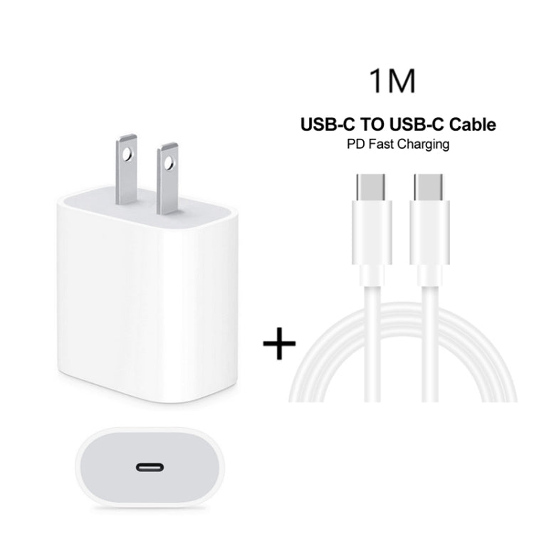 Chargeur de voyage 2 en 1 PD 20W port USB-C / Type-C unique + câble de charge rapide PD 3.0 USB-C / Type-C vers USB-C / Type-C 3A, longueur câble : 1m, prise US, 20W 1m