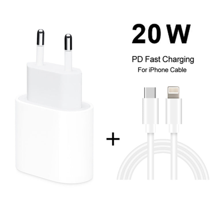 Chargeur de voyage 2 en 1 PD 20W port USB-C / Type-C unique + ensemble de câble de données charge rapide 3A PD3.0 USB-C / Type-C vers 8 broches, longueur du câble : 1m, prise EU, 20W 1m