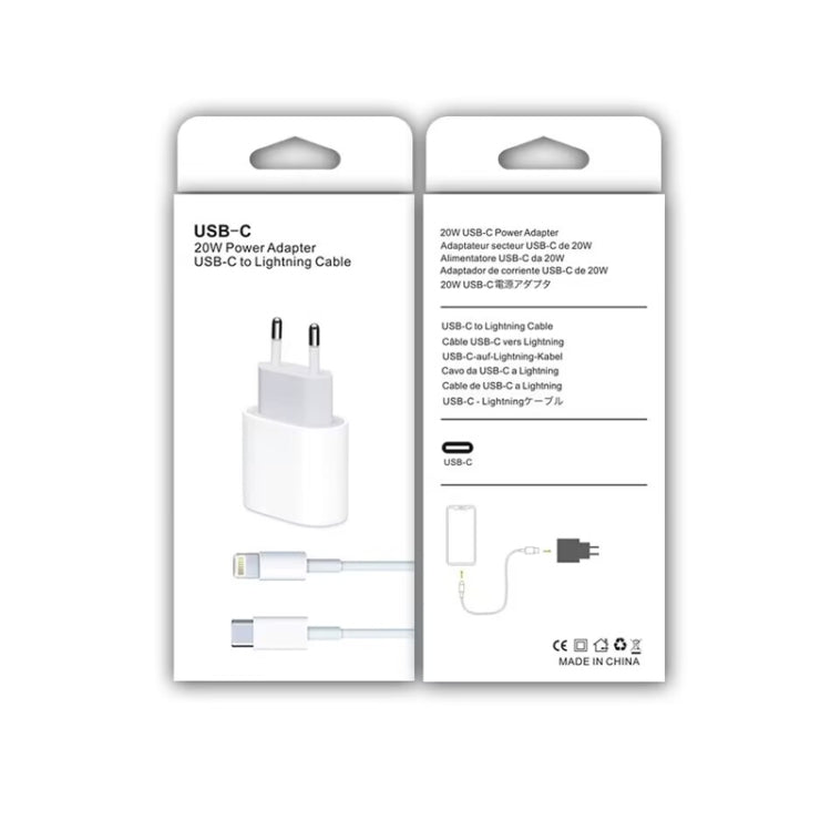 Chargeur de voyage 2 en 1 PD 20W port USB-C / Type-C unique + ensemble de câble de données charge rapide 3A PD3.0 USB-C / Type-C vers 8 broches, longueur du câble : 1m, prise EU, 20W 1m