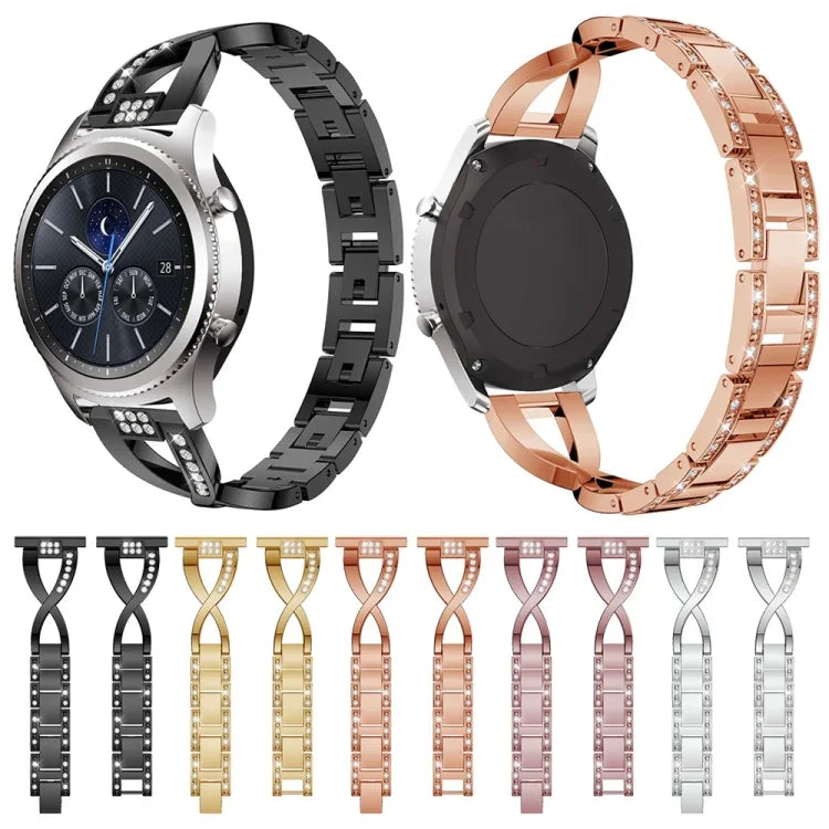 Bracelet de montre en acier inoxydable massif serti de diamants en forme de X pour Samsung Gear S3