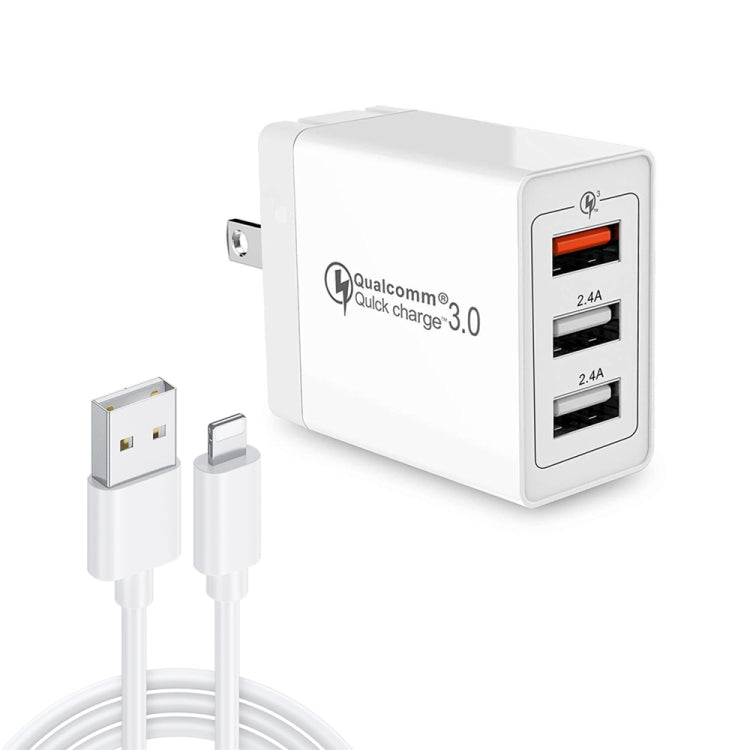Ensemble chargeur rapide universel SDC-30W 2 en 1 câble USB vers 8 broches + 30W QC 3.0 USB + double port USB 2.0 2.4A pour téléphone portable et tablette, Prise US, avec câble 8 broches, Prise US