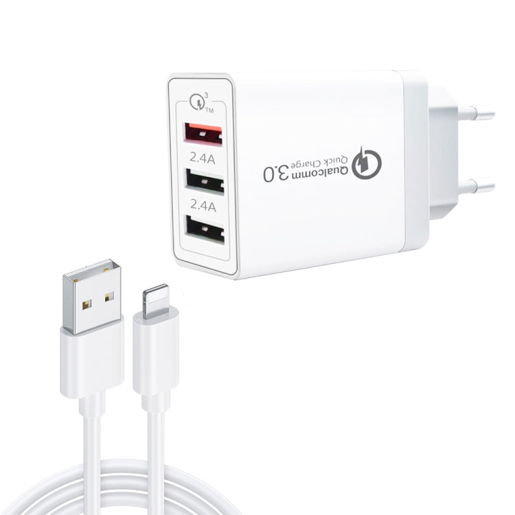 SDC-30W câble de données USB vers 8 broches 2 en 1 + chargeur rapide QC 3.0 USB 30W + chargeur rapide universel double port USB 2.0 2.4A pour téléphone mobile, tablette, PC, prise EU, avec câble 8 broches, prise EU