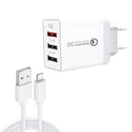 SDC-30W câble de données USB vers 8 broches 2 en 1 + chargeur rapide QC 3.0 USB 30W + chargeur rapide universel double port USB 2.0 2.4A pour téléphone mobile, tablette, PC, prise EU, avec câble 8 broches, prise EU