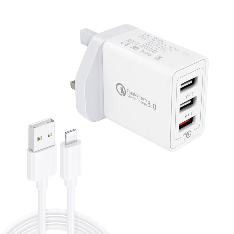 SDC-30W câble de données USB vers 8 broches 2 en 1 + chargeur rapide 30W QC 3.0 USB + chargeur universel 2 ports USB 2.0 2.4A pour téléphone, tablette, PC, prise UK, avec câble 8 broches, prise UK