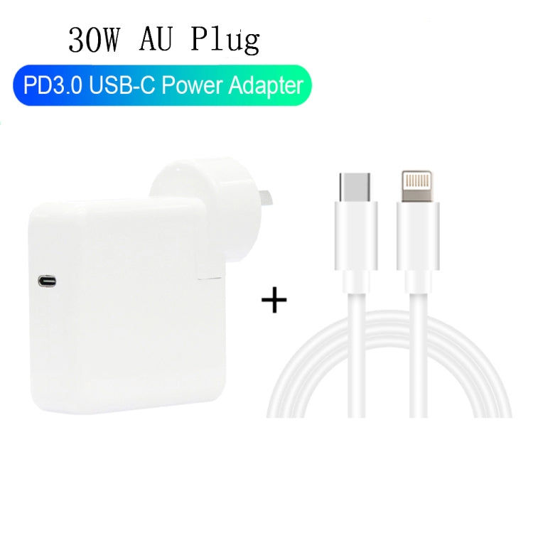 Chargeur de voyage 2 en 1 PD3.0 30W USB-C / Type-C avec pied détachable + ensemble câble de données de charge rapide PD3.0 3A USB-C / Type-C vers 8 broches, longueur du câble : 1m, prise AU, 1m