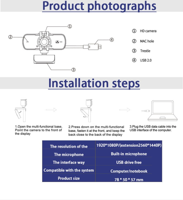 C5 4 millions de pixels Auto Focus 2K Full HD Webcam Rotation 360 USB sans pilote Caméra Web de diffusion en direct avec micro, C5