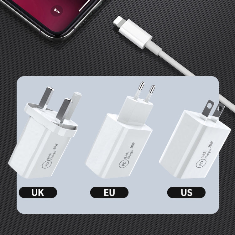 SDC-20W Chargeur de Voyage 2 en 1 PD 20W USB-C / Type-C + Câble de Données de Charge Rapide 3A PD3.0 USB-C / Type-C vers 8 Broches, Longueur du Câble : 1m, Prise US, Prise EU, Prise UK